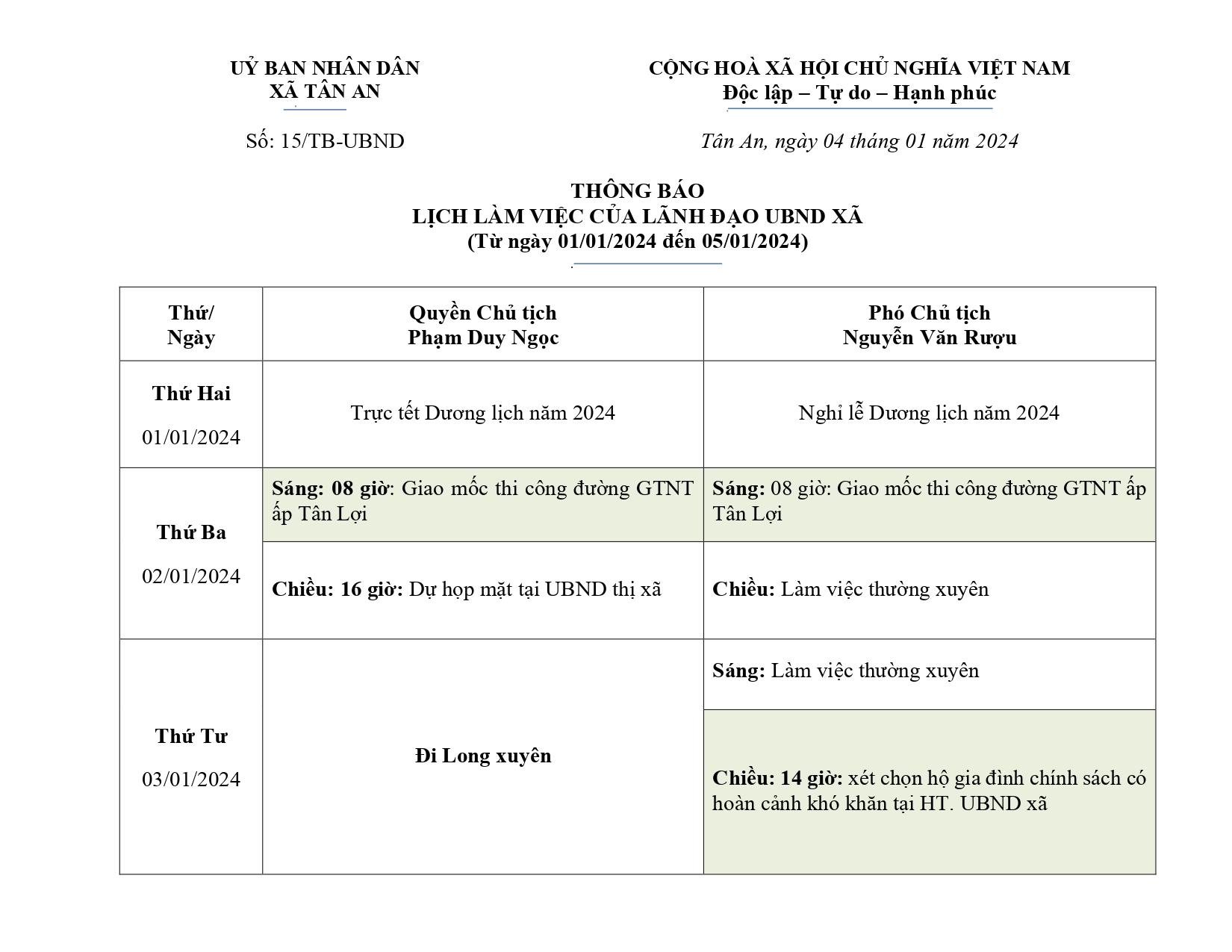 Lịch làm việc