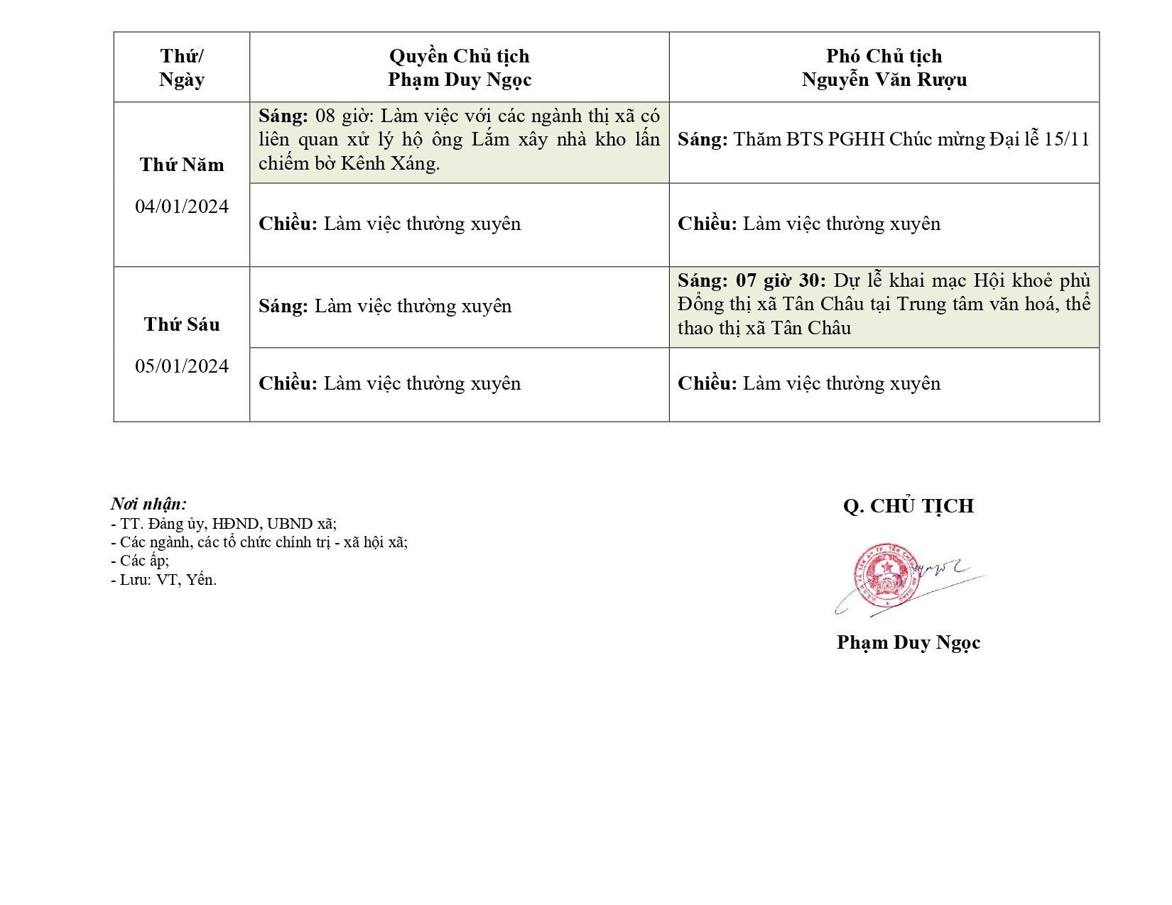 Lịch làm việc